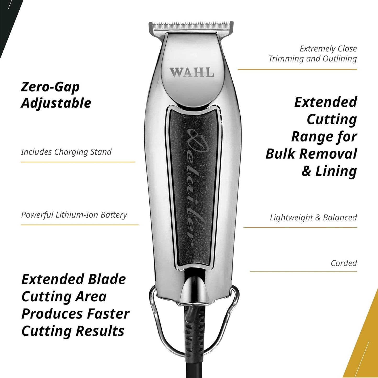 Wahl Professional Detailer Trimmer - Black Adjustable T-Blade with Accessories & Guides