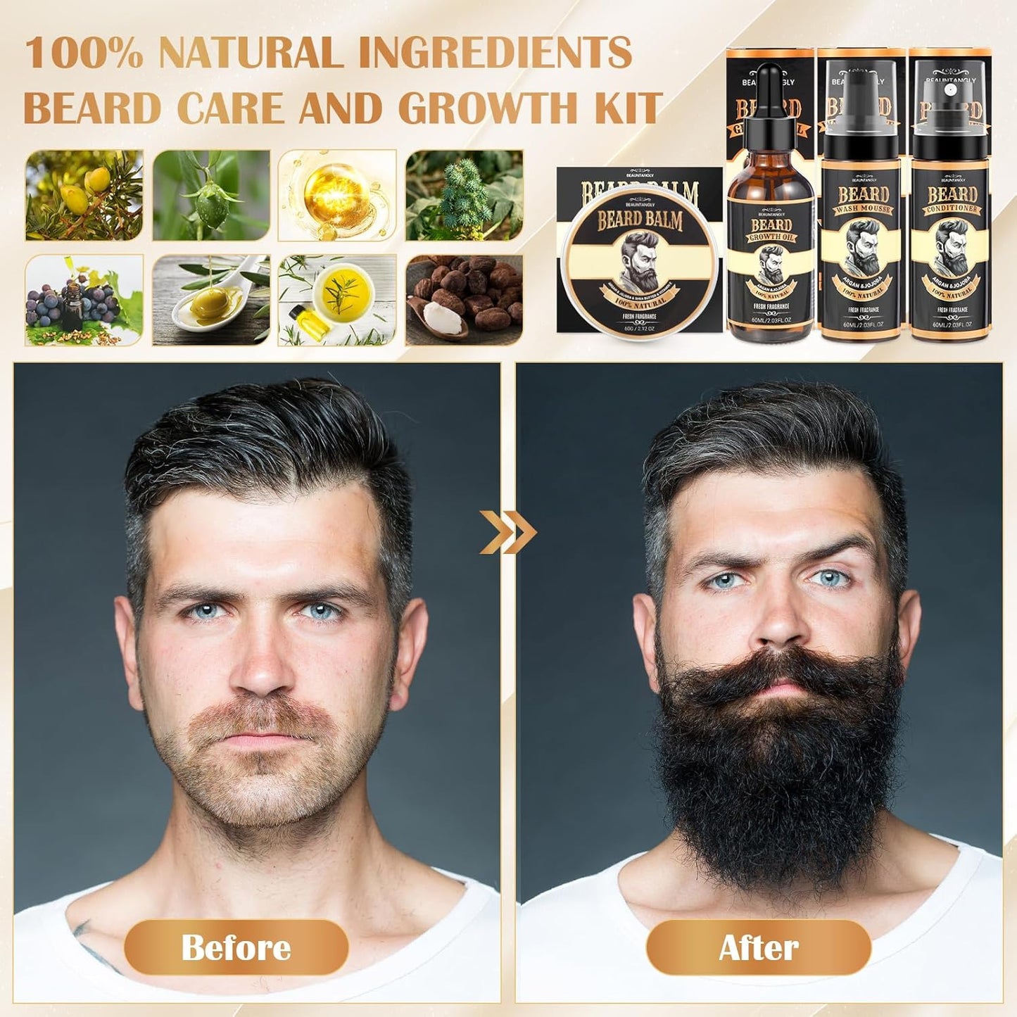 Skiennix Beard Growth Kit - Complete Grooming Set with Oil, Conditioner, Roller & Accessories