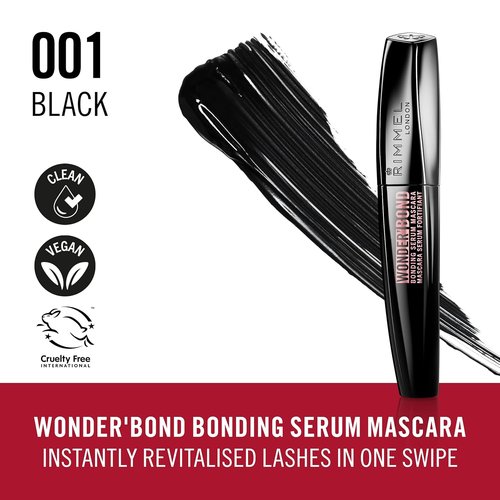 Rimmel Wonder'Bond Mascara - Volumizing Bonding Serum with Biotin | 001 Black, Smudge Proof, 0.39oz