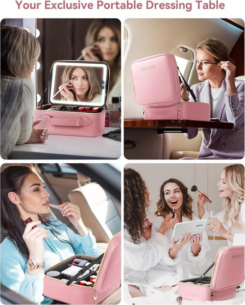 JUSRON Travel Makeup Bag - LED Mirror & Adjustable Dividers - Portable Organizer in Pink, Large