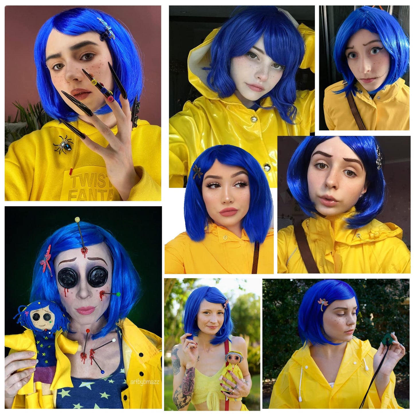 CLSHES Blue Bob Wig with Bangs Short Bob Wigs for Women Straight Bob Wig 12 Inch Synthetic Colorful Wigs Cosplay Party Daily Wig