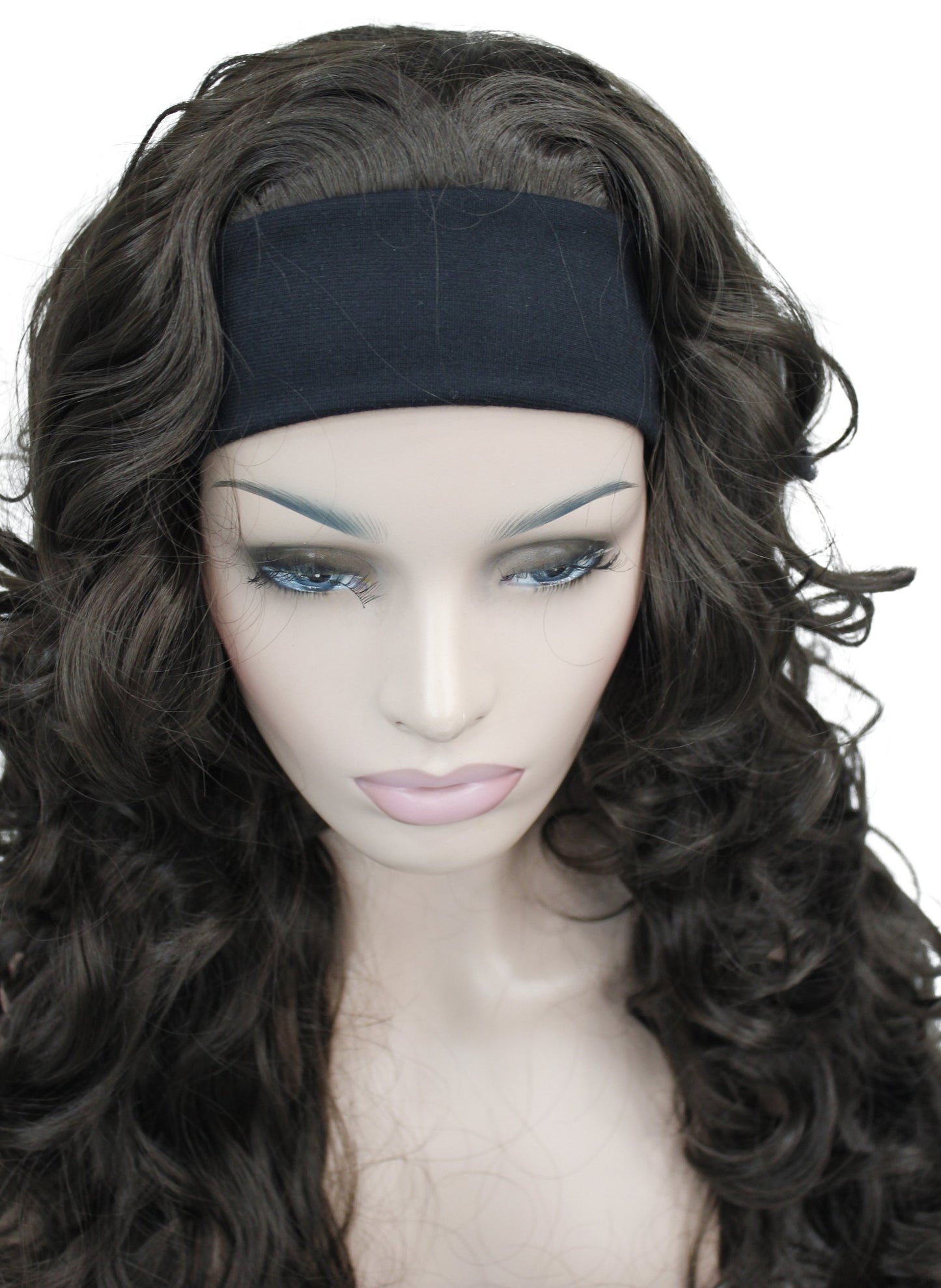 Wiginway 3/4 Band Headband Wig Women's Dark Brown Long Curly Wigs for Women Ladies