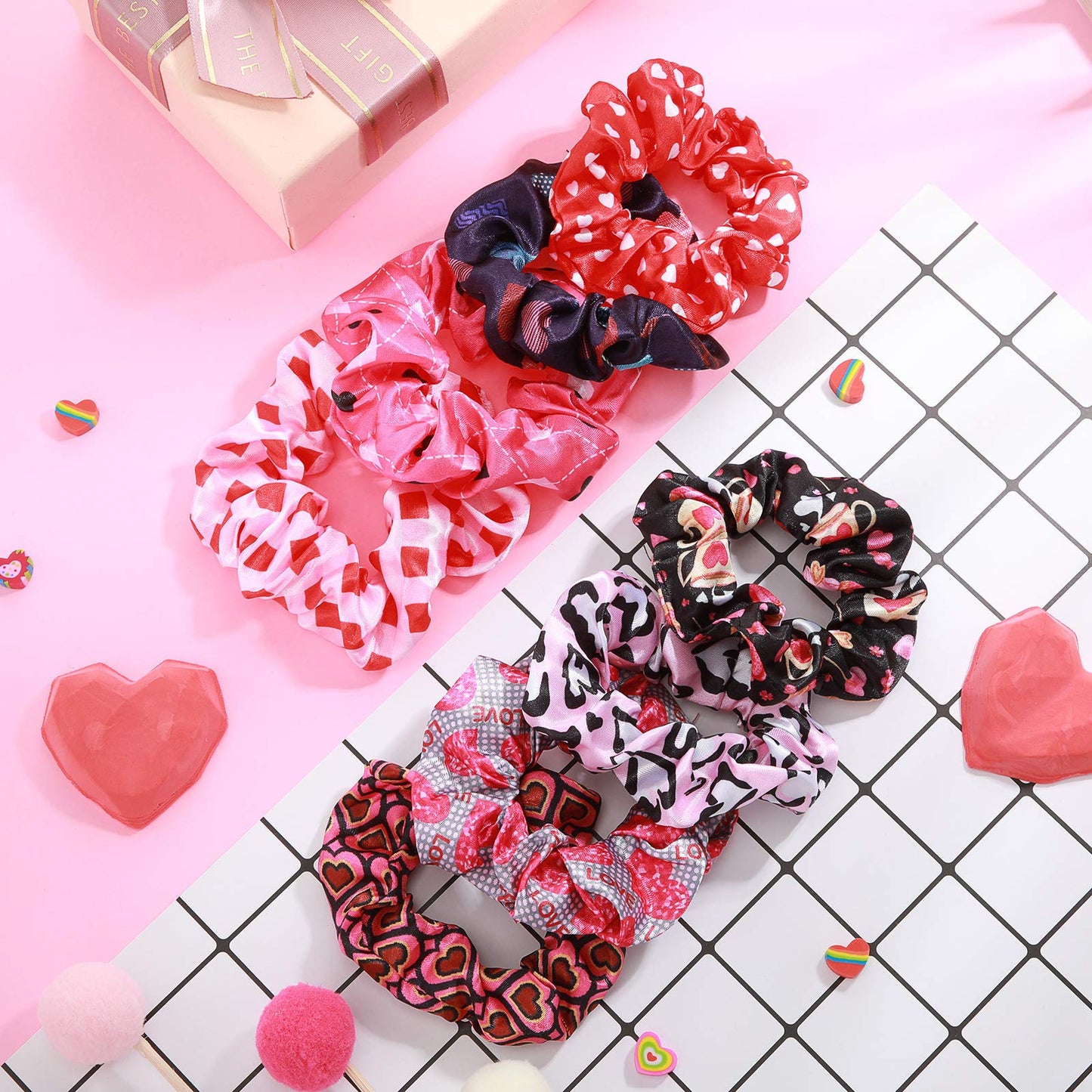 eBoot 28 Pieces Valentine's Day Hair Scrunchies Hearts Silk Hair Scrunchies Elastic Romantic Hair Bands Ponytail Holder Love Valentine Party Favors Hair Accessories for Women