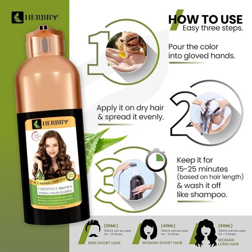 HERBBY Gray Hair Coverage Shampoo & Conditioner - Transform Color with 9 Herbal Extracts | 500 ml Chestnut Brown