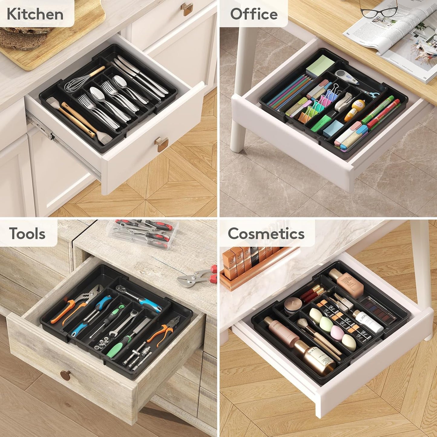 Lifewit Silverware Drawer Organizer, Expandable Utensil Tray for Kitchen, BPA Free Flatware and Cutlery Holder, Adjustable Plastic Storage for Spoons Forks Knives, 8.5-14 x 12", Black