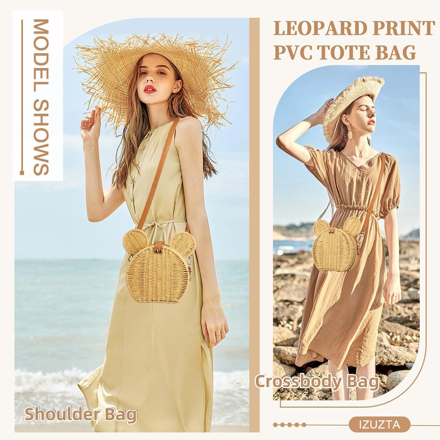 Skiennix Round Rattan Straw Bag - Handmade Wicker Purse with Cute Mouse Ears | Crossbody Shoulder Bag