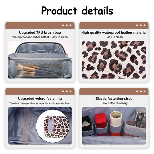 BOYATU Travel Makeup Bags for Women: 3 Pcs Set Large Capacity Leopard Print Leather Cosmetic Bag with Compartments - Open Flat Waterproof Toiletry Skincare Bag Portable Make up Case (02-Beige)