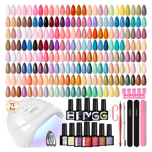 Phoenixy 71 Pcs Gel Nail Polish Kit with UV Light, 55 Color Nude Gel Nail Kit 5pcs Base Glitter Top Coat Nail Art Manicure Set for beginners with Everything DIY Gift for Women
