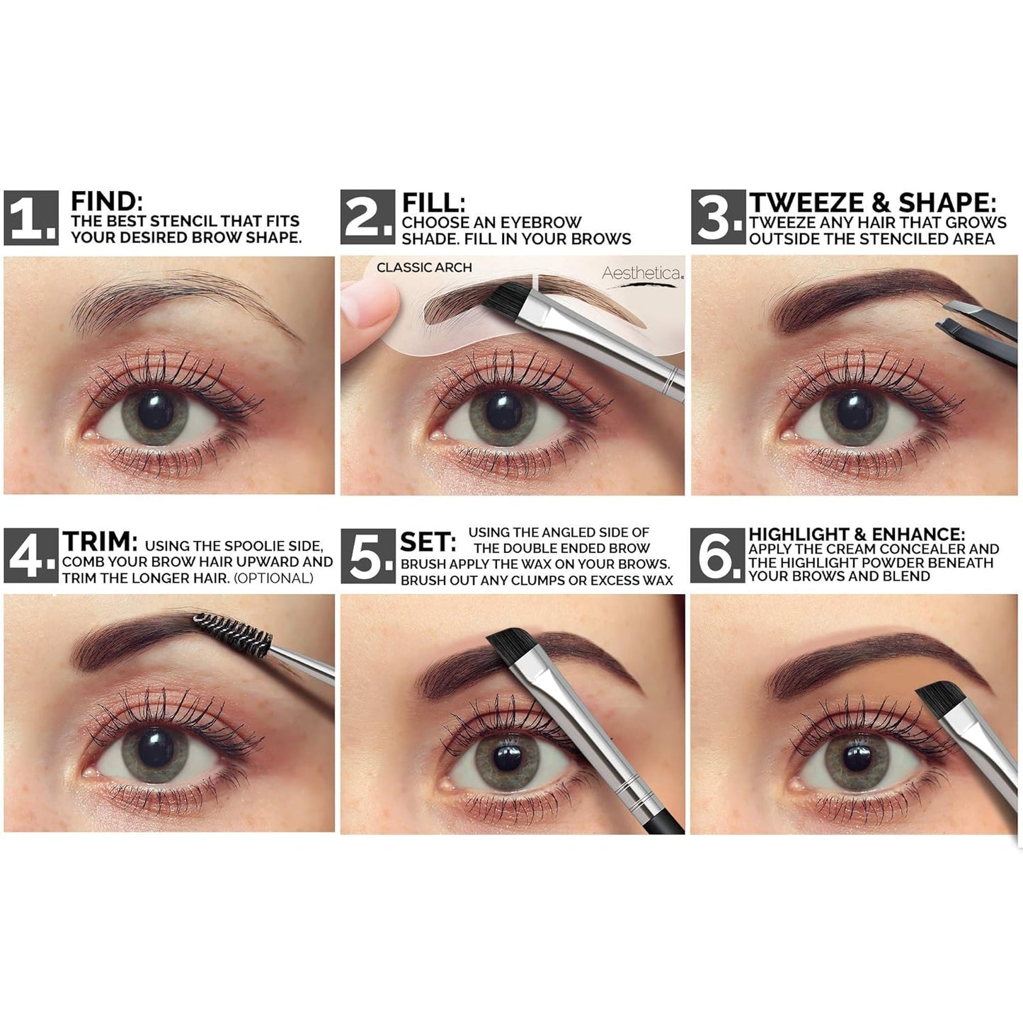 Aesthetica Brow Contour Kit - 16-Piece Eyebrow Makeup Palette with Powders, Stencils & Tools | Perfect Gift for Her