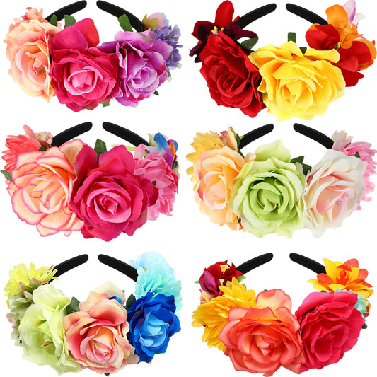 Kigeli 6 Pcs Mexican Flower Headband Day of the Dead Rose Floral Crown Halloween Headpiece for Women Girls Cosplay(Bright Color)