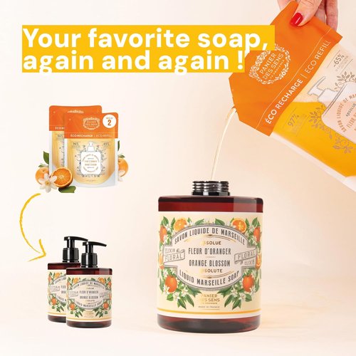 Panier des Sens Orange Blossom Hand Soap Refill - Moisturizing Liquid Soap with Coconut Oil - 34 Fl Oz for Kitchen & Bathroom