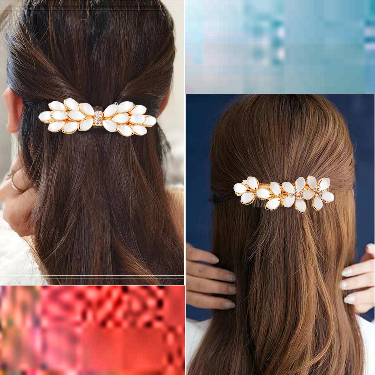 Jakeni Women's Flower Hair Clips with Rhinestones, Opal and Pearls - Elegant Hair Pins and Accessories for Thick Hair