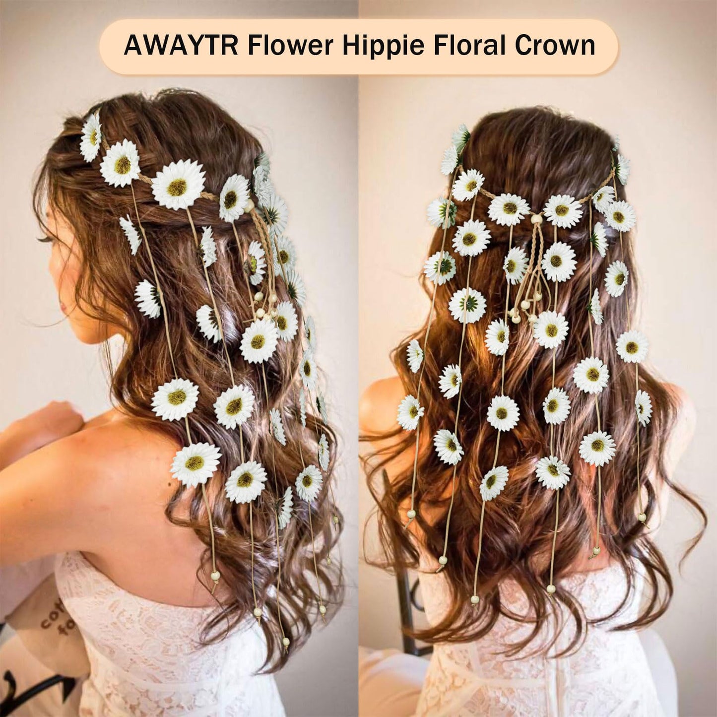 AWAYTR Flower Hippie Floral Crown - Yellow Sunflower Headband for Women, Bohemian Costume and Hair Accessories