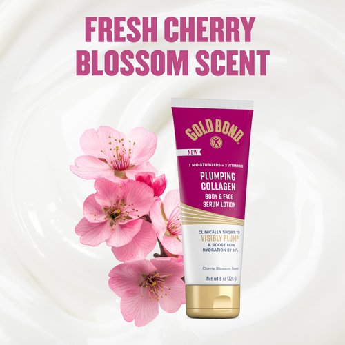 Gold Bond Plumping Collagen Body & Face Serum Lotion, Lightweight Hydrating Moisturizer with Collagen Peptide Complex, Jojoba and Grapeseed Oils to Visibly Plump Skin, Cherry Blossom Scent, 8 oz