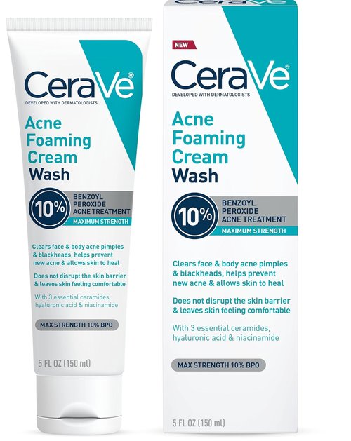 CeraVe Acne Foaming Cream Wash - Gentle Face & Body Cleanser with 10% Benzoyl Peroxide | 5 Oz