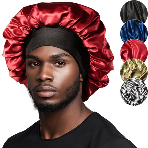 Niagara Satin Bonnet Men - Red Bonnet for Sleeping Men - Reversible Night Cap - Mens Bonnet for Curly Hair - Large Bonnet with Double Layer (Black/Red)