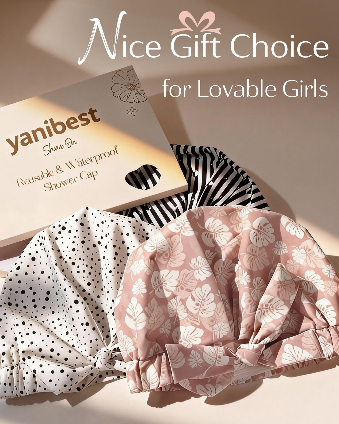 Yanibest Shower Cap for Women Reusable Waterproof, Adjustable Non-Slip Shower Hair Cap, Washable Bath Hat for Long Hair