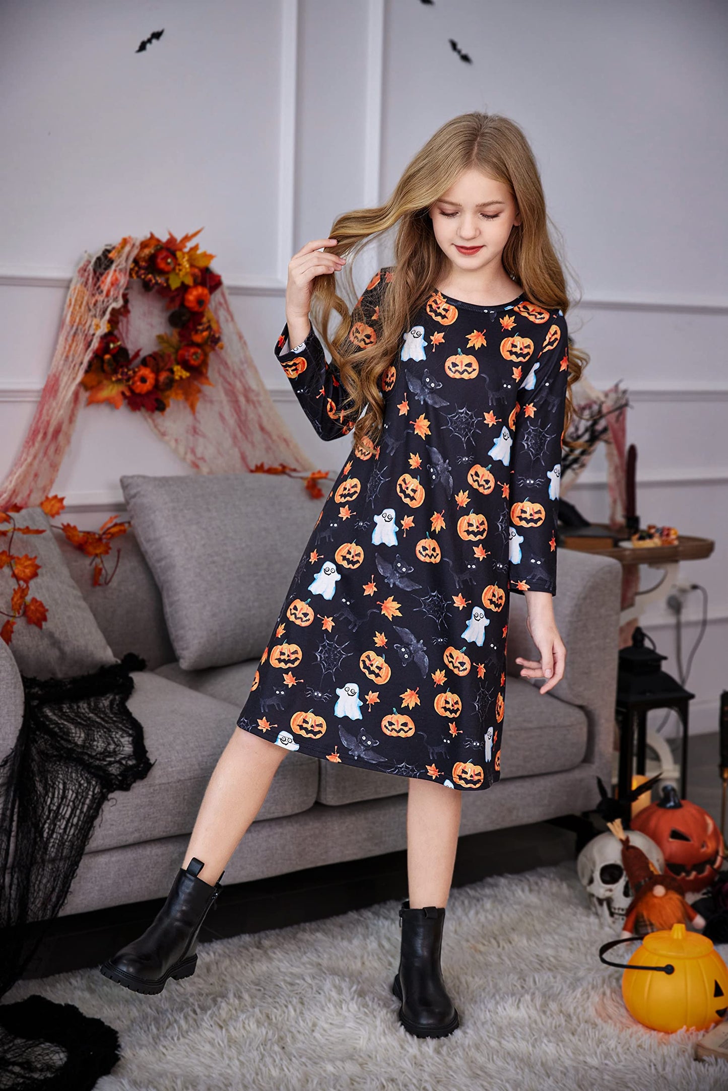 Arshiner Girls Halloween Dress Pumpkin Halloween Costume Dresses Long Sleeve A-Line Dresses for Girls 12-13 Years