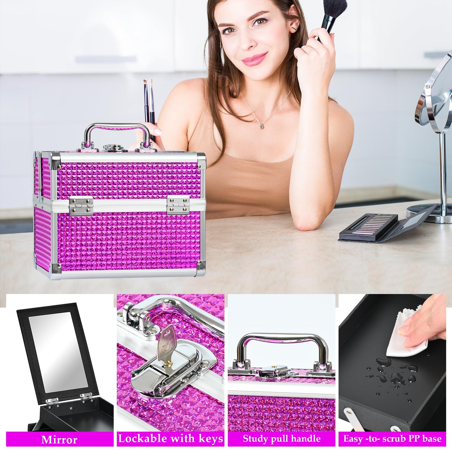 GALHUBIS Makeup Train Case, Portable Makeup Case with Mirror, 2-Trays Cosmetic Organizer Case,Nail Polish Organizer, Travel Makeup Box, Profesional for Salon Barber, Rose Red