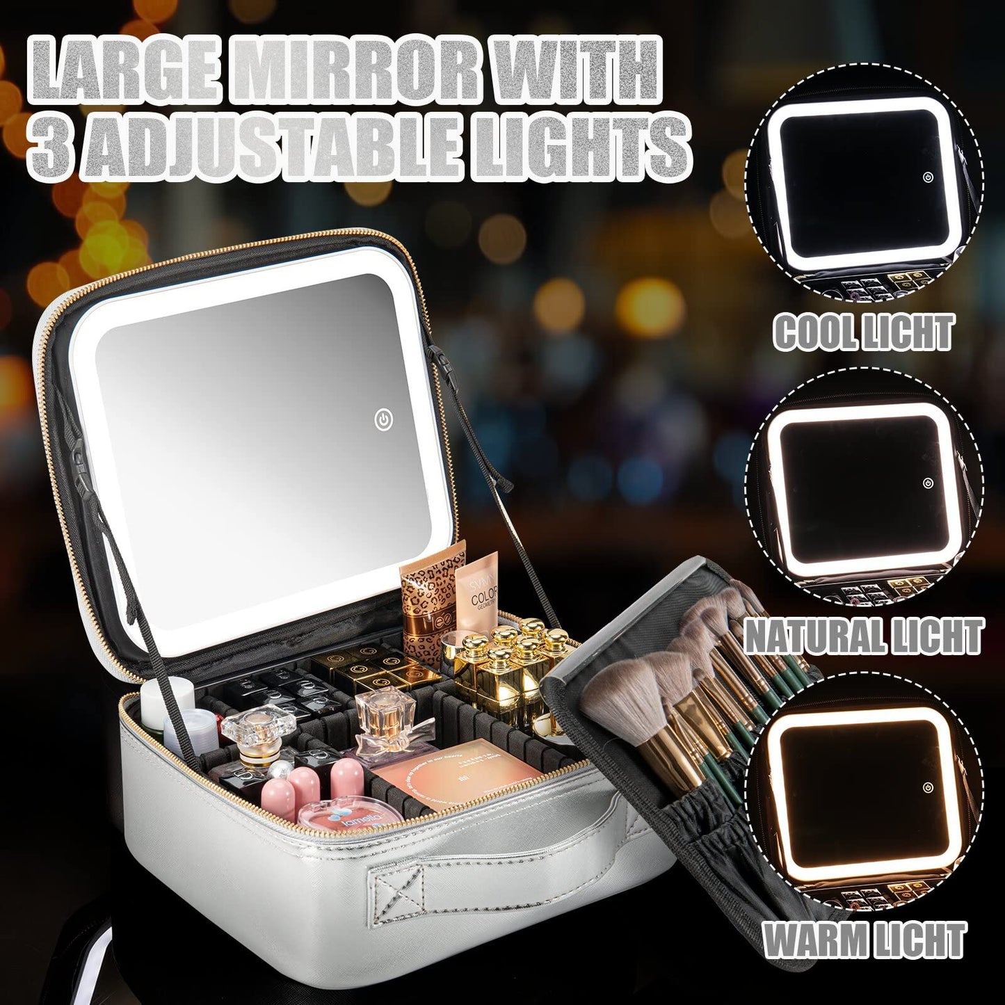 Extrei Gent Makeup Travel Train Case with Mirror LED Light 3 Adjustable Brightness Cosmetic Bag Portable Storage Adjustable Partition Waterproof Makeup Brushes Makeup Jewelry Gift for Women