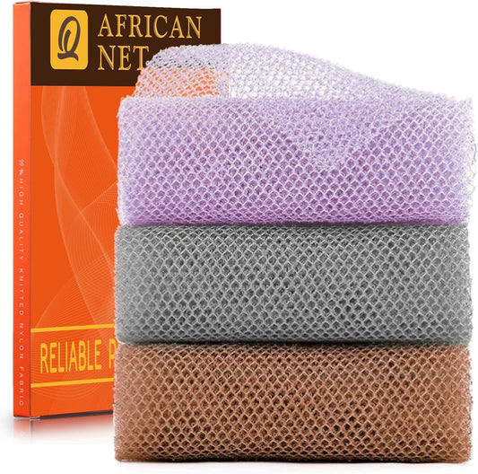 UJFQBH African Exfoliating Net - 3-Piece Bath Sponge Set for Smooth Skin | Purple, Gray, Brown
