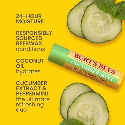 Burt's Bees Natural Lip Balm Multipack - Original Beeswax, Cucumber Mint, Coconut & Pear, Vanilla Bean | 4 Tubes