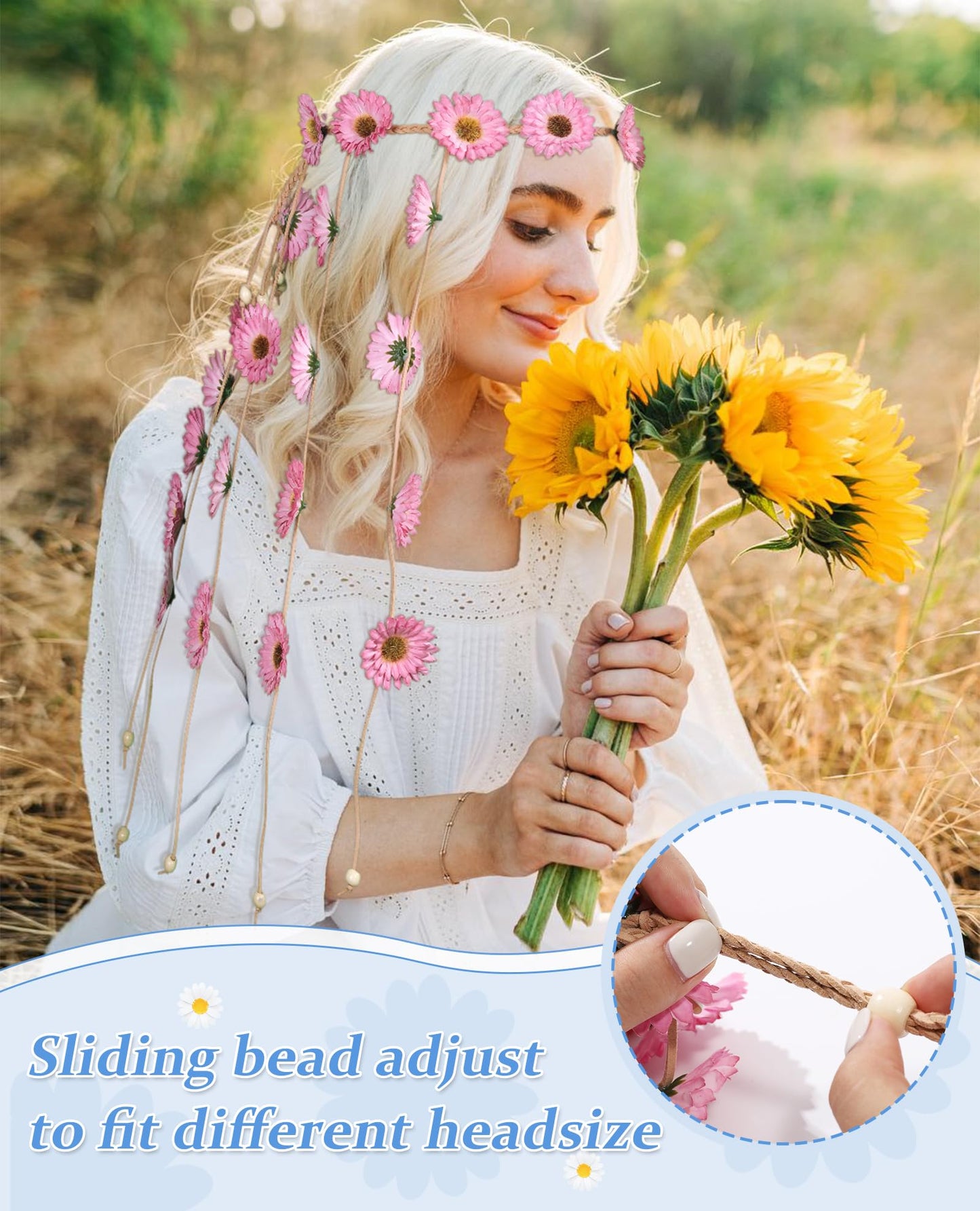 CHLINS Hippie Headband Flower Crown Bohemian Sunflower Headband Flower Headpiece Hippie Costume 60s 70s Outfits for Women (Pink)