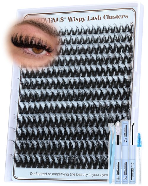 Goddvenus Fluffy Wispy Lash Clusters Kit Natural Eyelashes Clusters D Curl Cluster Eyelash Extensions Lightweight Individual Lashes DIY Eyelash Extension Kit with Waterproof Lash Cluster Glue