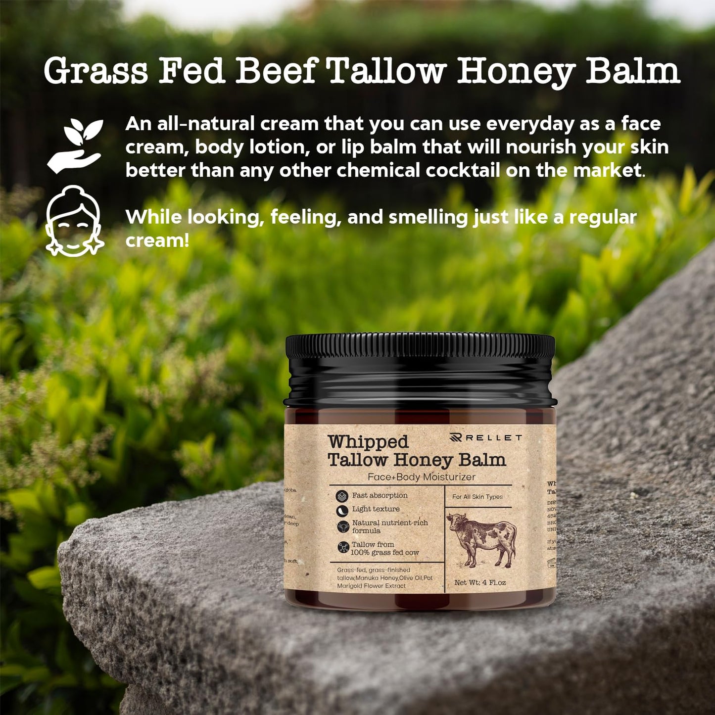 Beef Tallow and Honey Balm for Skin: 4oz Grass Fed Whipped Beef Tallow With Honey Face Body Moisturizer - Organic Unscented Fast Absorption Tallow Cream Infused with Manuka Honey Beeswax Olive Oil