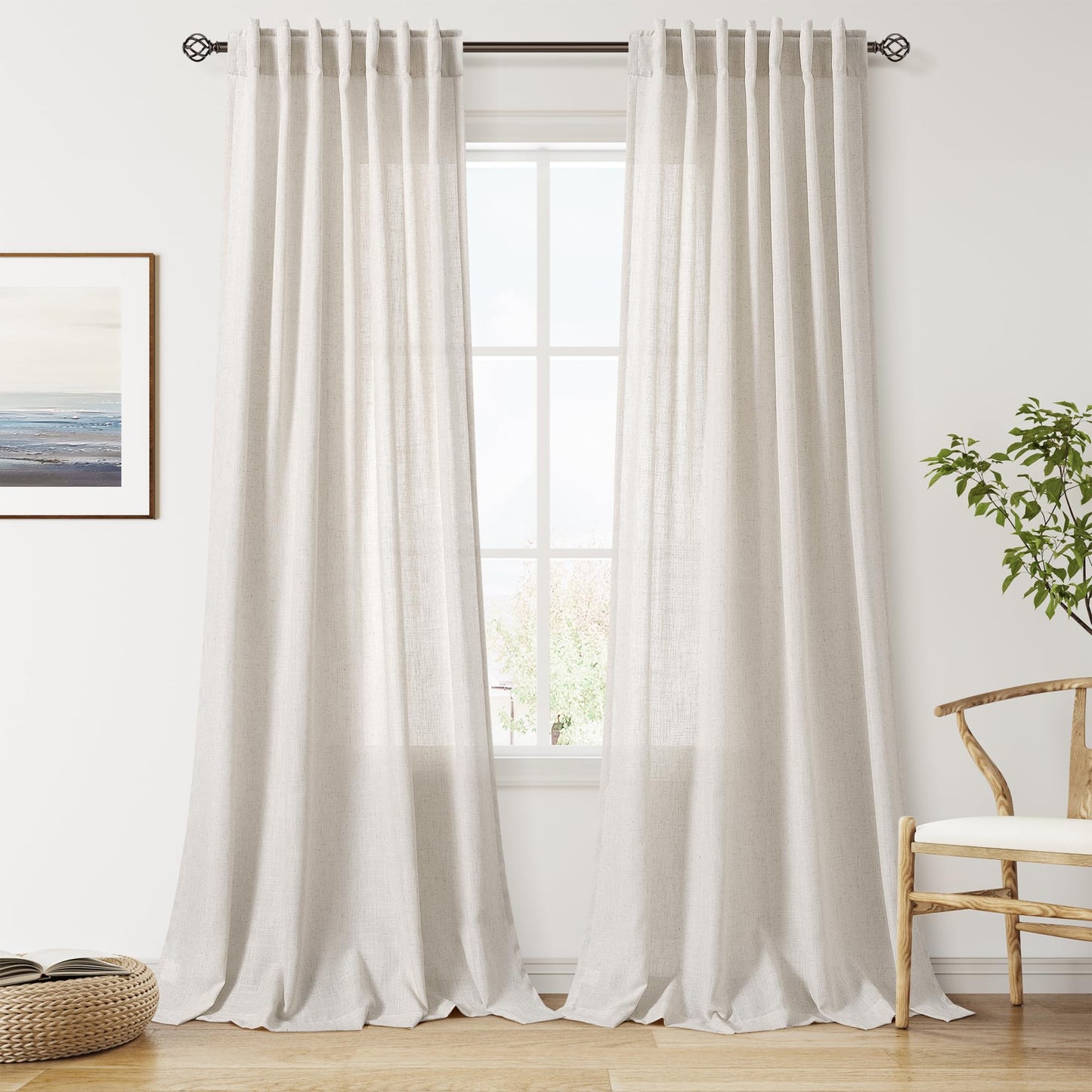 Nanspring Natural Linen Curtains for Kitchen Windows Over Sink - Cafe Curtain Semi Sheer with Rod Pocket and Back Tab Lightweight Rustic Textured Bistro Curtains for Bathroom, 2 Panels 25 x 24 Inch