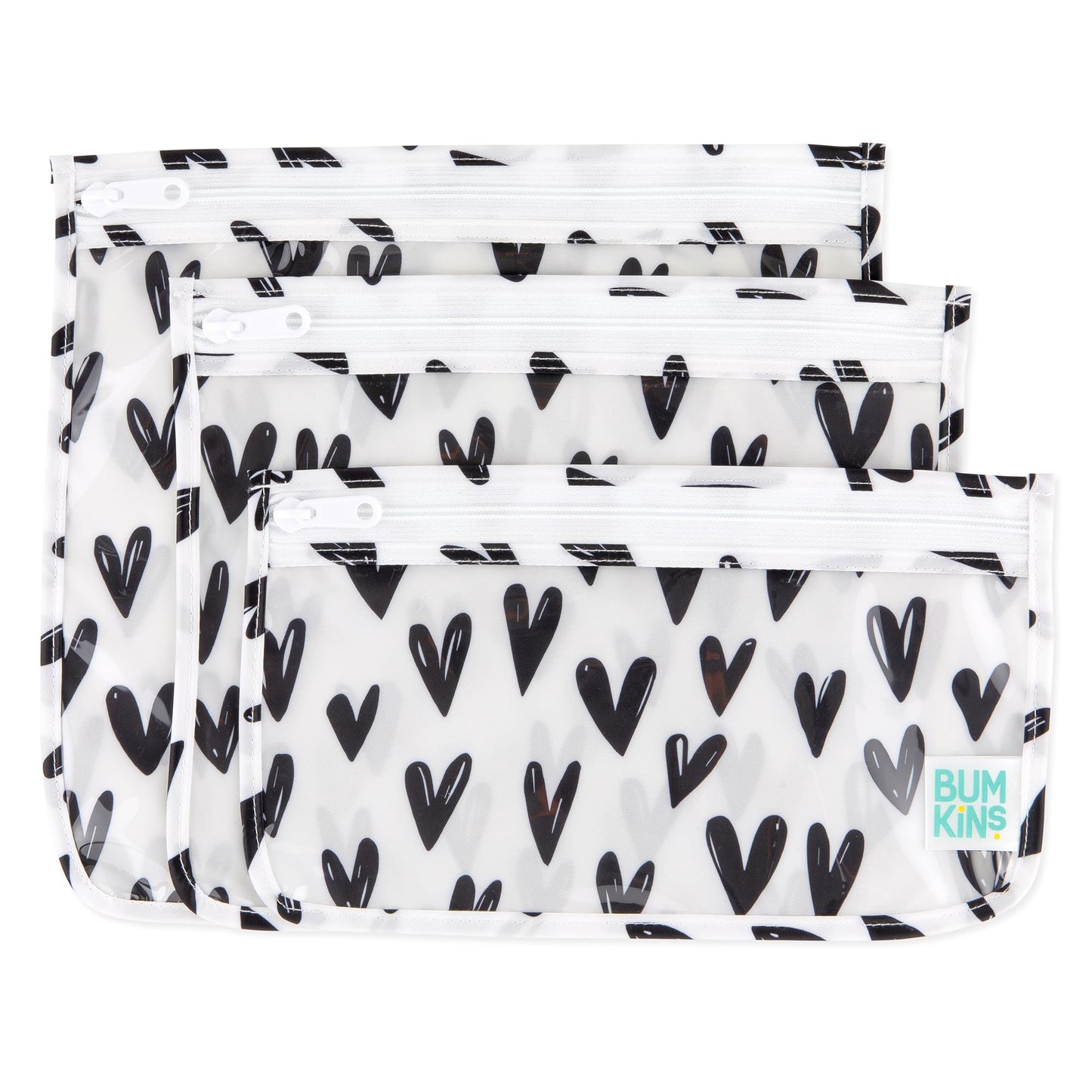 Bumkins Travel Bag, Toiletry, TSA Approved Pouch, Zip Bag, Quart Size Airline Compliant, Clear-Sided, Baby, Diaper Bag Organization, Makeup, Accessories, Packing, Set of 3 Sizes, Black Hearts