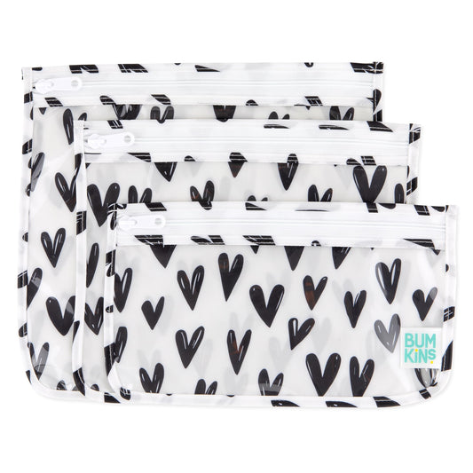 Bumkins Travel Bag, Toiletry, TSA Approved Pouch, Zip Bag, Quart Size Airline Compliant, Clear-Sided, Baby, Diaper Bag Organization, Makeup, Accessories, Packing, Set of 3 Sizes, Black Hearts