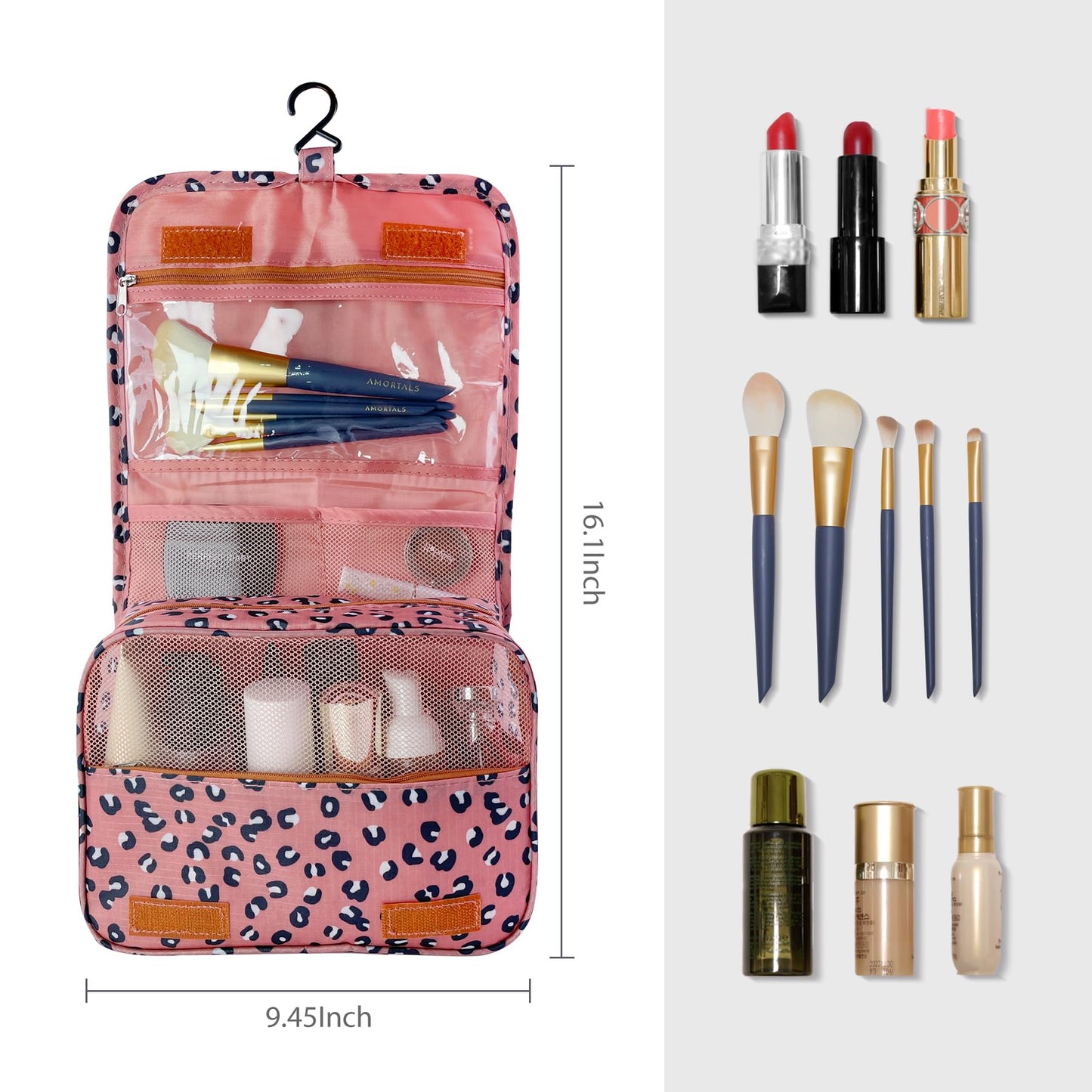 Lcsmaokin Large Capacity Toiletry Bag Travel Bag with Hanging Hook for Men and Women Waterproof Travel Cosmetic Bag Bathroom Storage Bag for Brushes Set,Full-Sized Shampoo,Accessories-Pink Smile