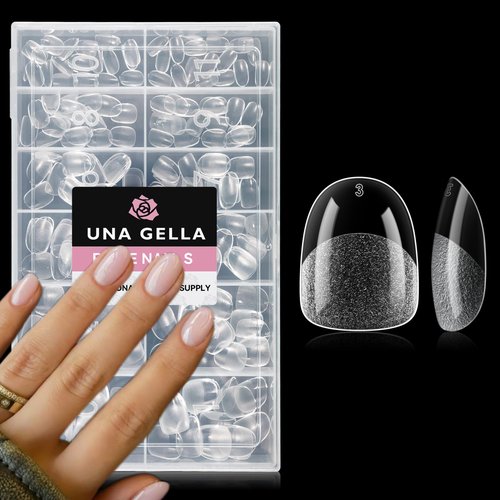 UNA GELLA Extra Short Oval Nail Tips, Pre-Etched Round Clear Fake Nails 216pcs Soft Gel Acrylic Nail Tips Full Cover False Ultra Short Gel Nail Tip for Beginners Nail Salon Extensions 12 Sizes