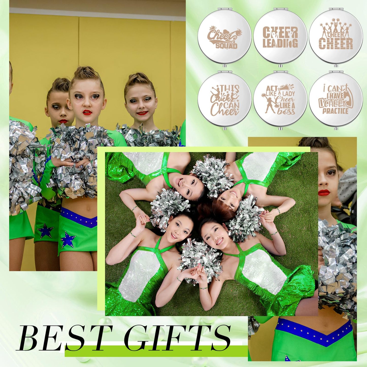 Sintuff 12 Pcs Cheer Gifts for Cheerleaders Compact Mirror Bulk for Cheer Team Coach Cheerleading Gifts Folding Pocket Cosmetic Purse Mirror Accessories(Green, Silver)