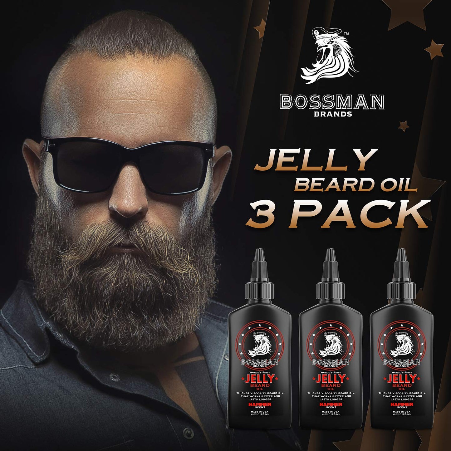 Bossman Jelly Beard Oil for Men - 3 Pack (12 oz in Total, Hammer Scent) – Softens, Moisturizes & Conditions with Natural Ingredients