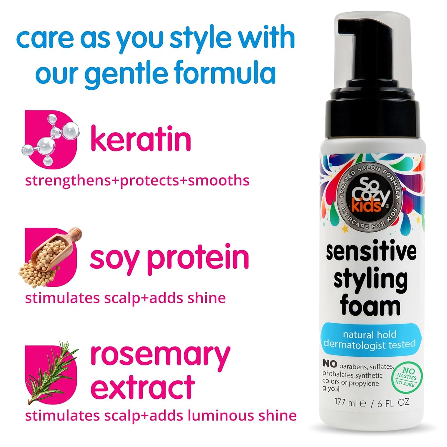 SoCozy Kids Sensitive Styling Foam - Gentle Hold Foam for Straight or Curly Hair - Rosemary Scent (6 fl oz)
