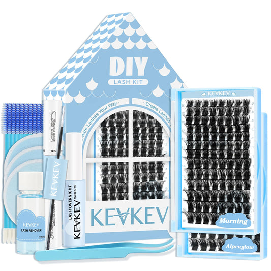 KevKev DIY Lash Extension Kit Lash Clusters Kit 2 Count Eyelash Extension Kit Lash Bond and Seal 7ml Overnighter Sealer Lash Remover for Lash Extension Clusters(Morning+Alpenglow, D-8-16mix)