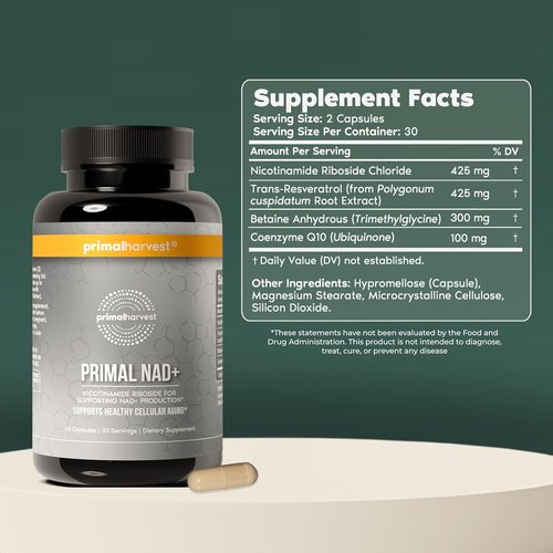 Primal Harvest NAD+ Supplement - Cellular Health & Energy Boost with Nicotinamide Riboside | 60 Capsules