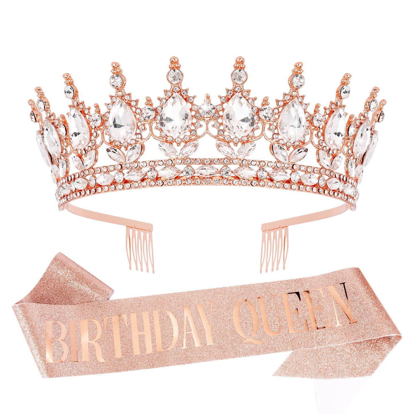 Vovii Birthday Crown & Sash Set for Women, Rose Gold Rhinestone Tiara & Birthday Queen Sash for Women Birthday Decorations, Happy Birthday Party Decorations for Birthday Crown Adult Woman