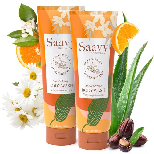 Saavy Naturals Moisturizing Body Wash for Sensitive Skin - Plant-Based with Coconut Oil & Aloe Vera | Sweet Orange, 8.5 fl oz (2 Pack)