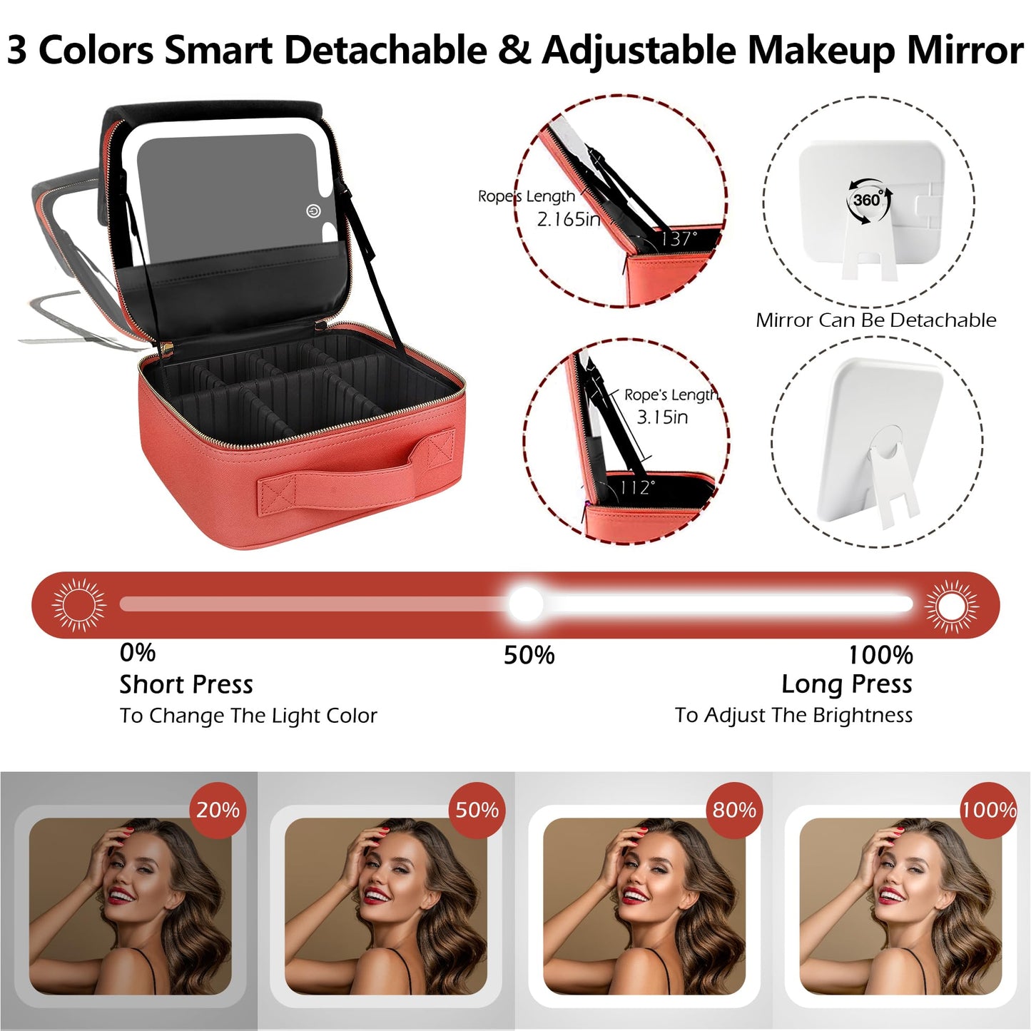 MOMIRA Travel Makeup Bag Cosmetic Bag Makeup Organizer Bag with Large Lighted Mirror 3 Color Scenarios Adjustable Brightness,Red