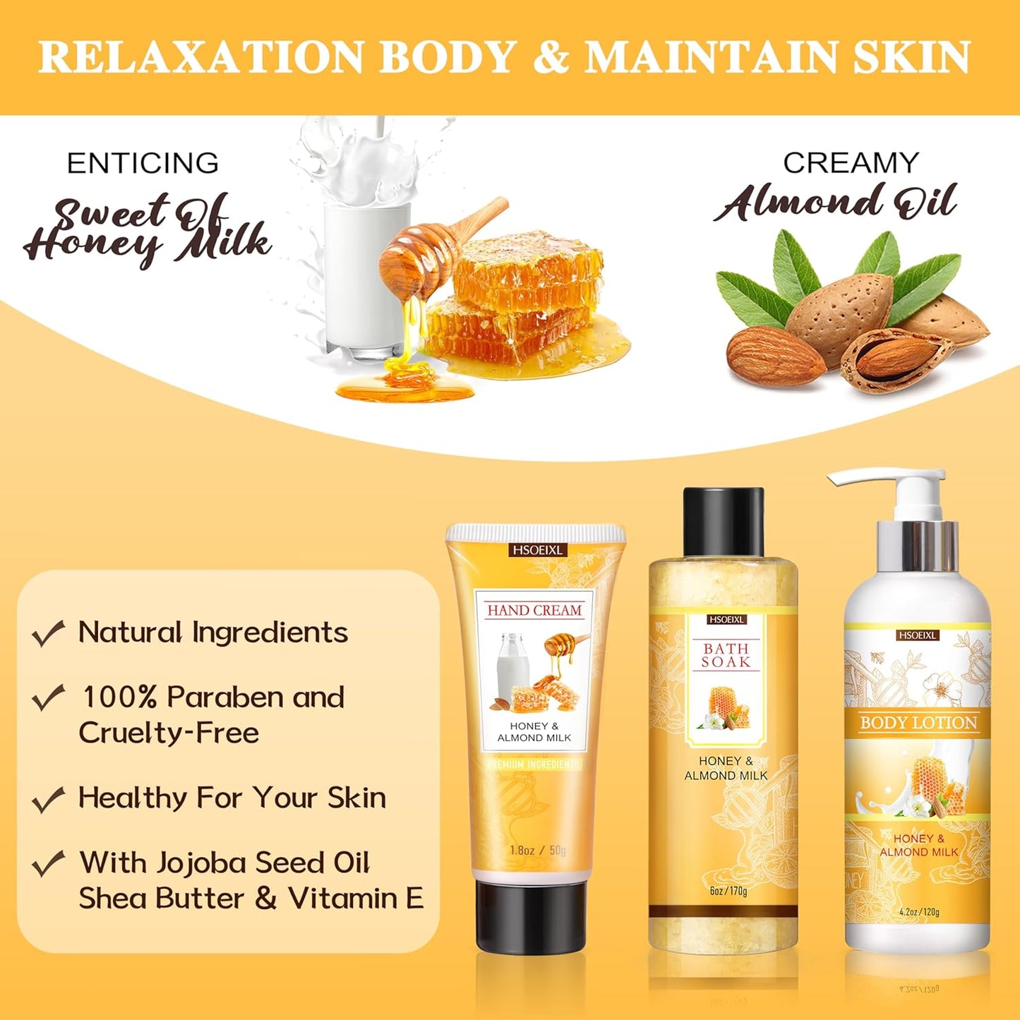 Skiennix 9-Pc Almond Milk & Honey Bath Gift Set - Relaxing Spa Essentials for Women | Perfect Birthday Gift