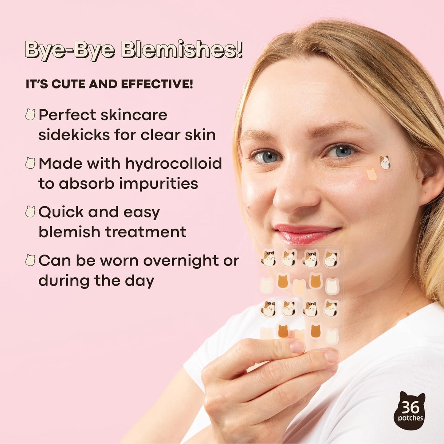 TONYMOLY x Squishmallows Cam the Calico Cat Blemish Patches – Centella Asiatica Hydrocolloid Acne Treatment Stickers for Face – Cute K-Beauty Pimple Patch – 36 Count
