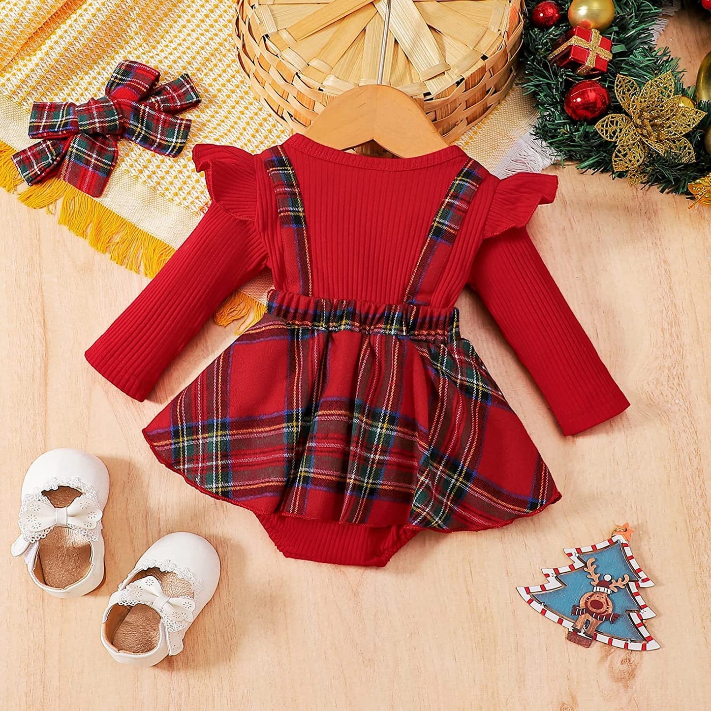 DOSYZTO Baby Girl Christmas Outfit Red Plaid Ruffle Bowknot Romper Dress with Headband Knit Bodysuit Skirt Winter Clothes (Red Plaid Suspender Romper,0-6 Months)