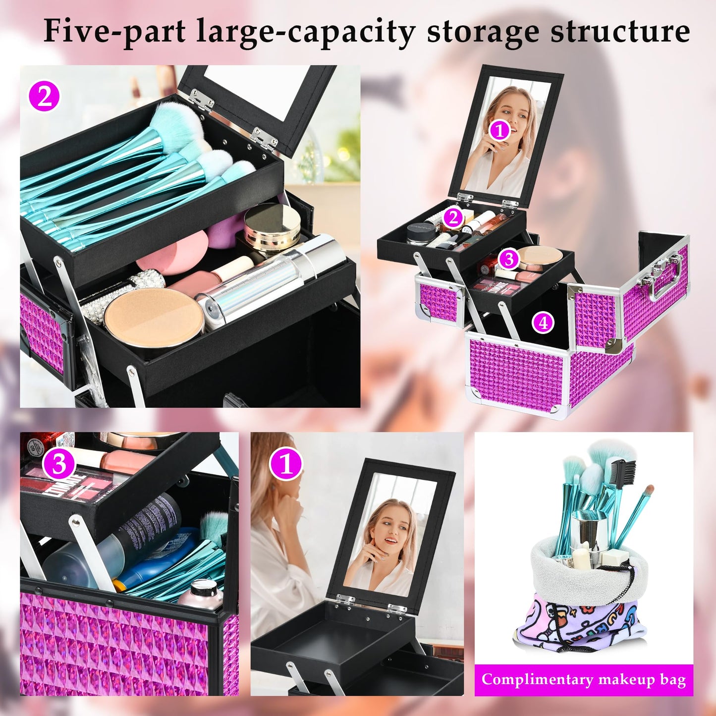 GALHUBIS Makeup Train Case, Portable Makeup Case with Mirror, 2-Trays Cosmetic Organizer Case,Nail Polish Organizer, Travel Makeup Box, Profesional for Salon Barber, Rose Red