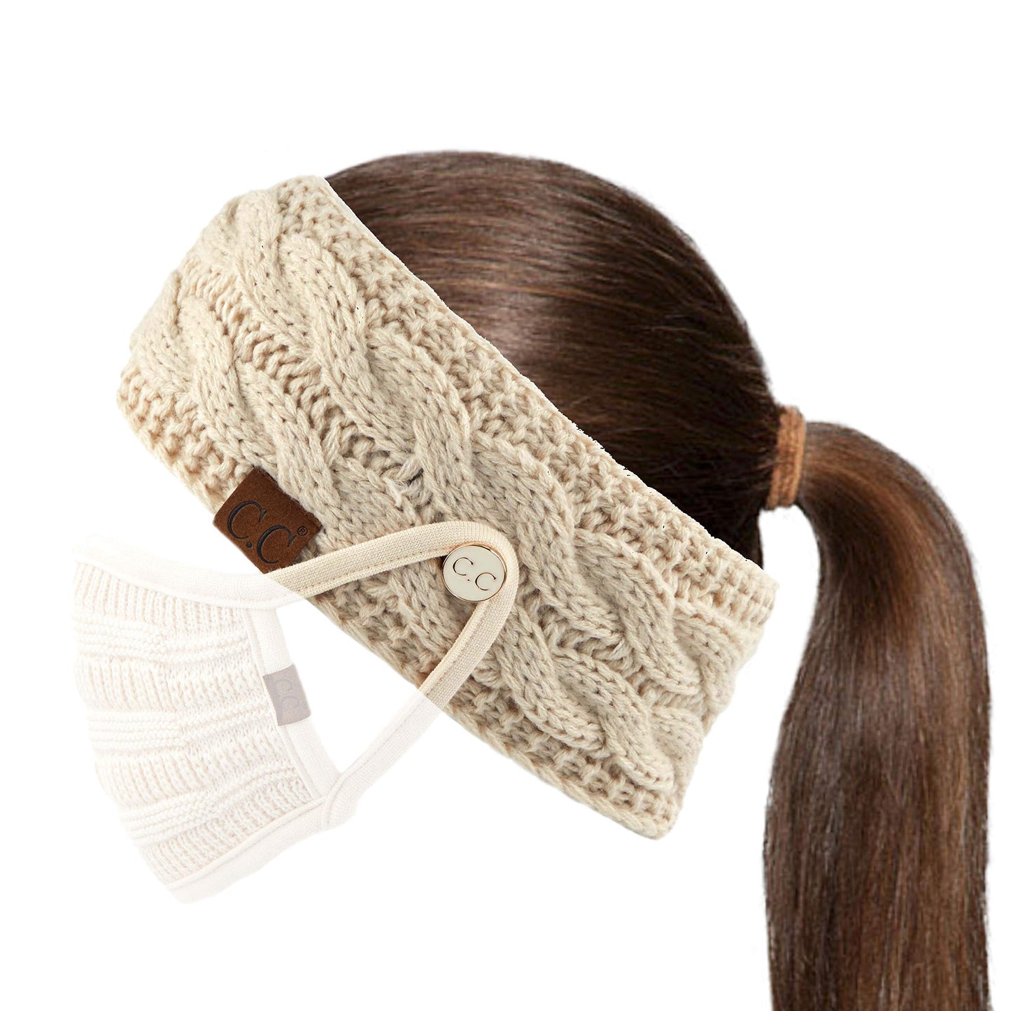 C.C Winter Fuzzy Fleece Lined Thick Knitted Headband Headwrap Epoxy Button for Face Masks (BHW-1) (A Button Beige)