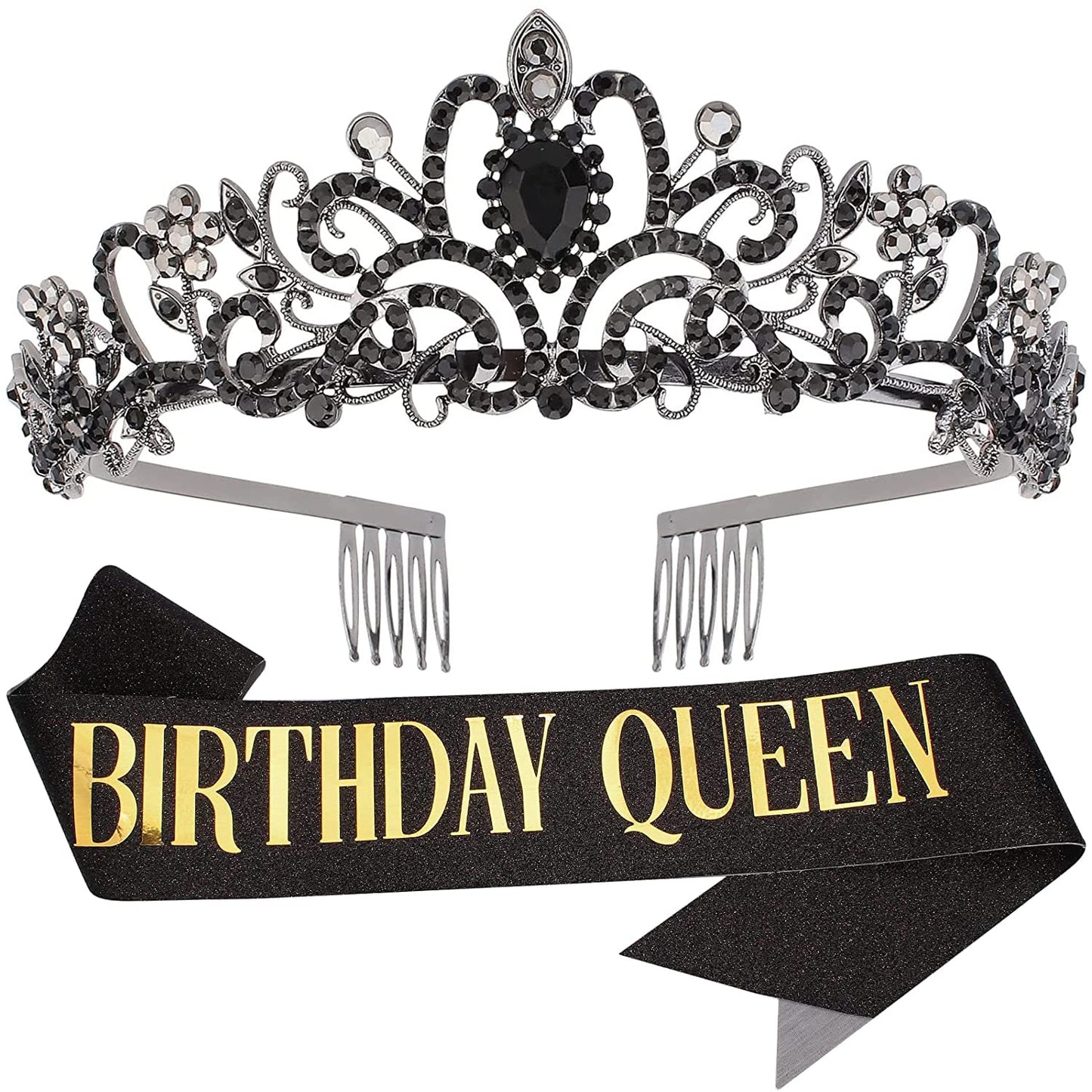 "Birthday Queen" Sash & Rhinestone Tiara Set COCIDE Black Birthday Gold Sash and Tiara for Women Birthday Decoration Kit Rhinestone Headband for Girl Glitter Crystal Hair Accessories for Party Cake Topper