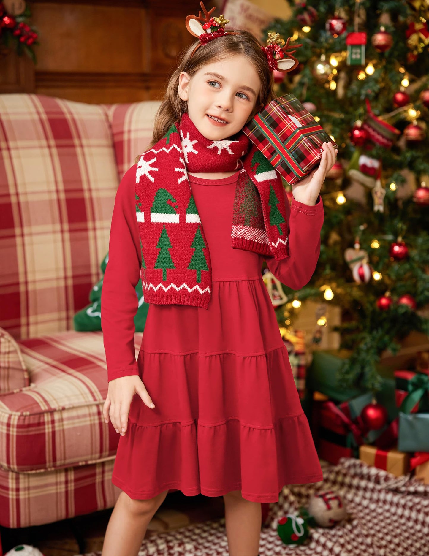 Arshiner Girls Long Sleeve Dress Fall Cotton Crewneck Tiered Ruffle Swing Solid Casual Midi Dresses Red 6 Years