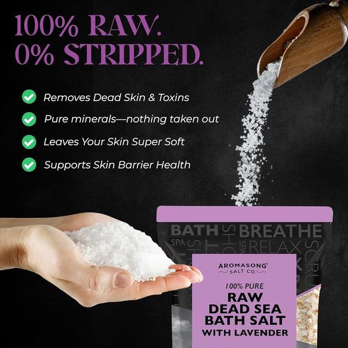 Aromasong Pure Raw Dead Sea Salt - 100% Natural Lavender Spa Bath Salt, 5 LB Resealable Pack